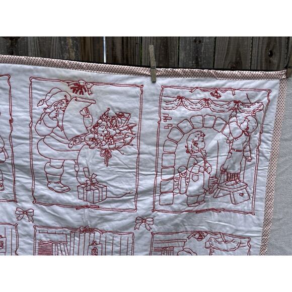 Kids Santa Christmas Throw Wall Hanging Red Work Embroidery Retro 1920s Style - Picture 8 of 10